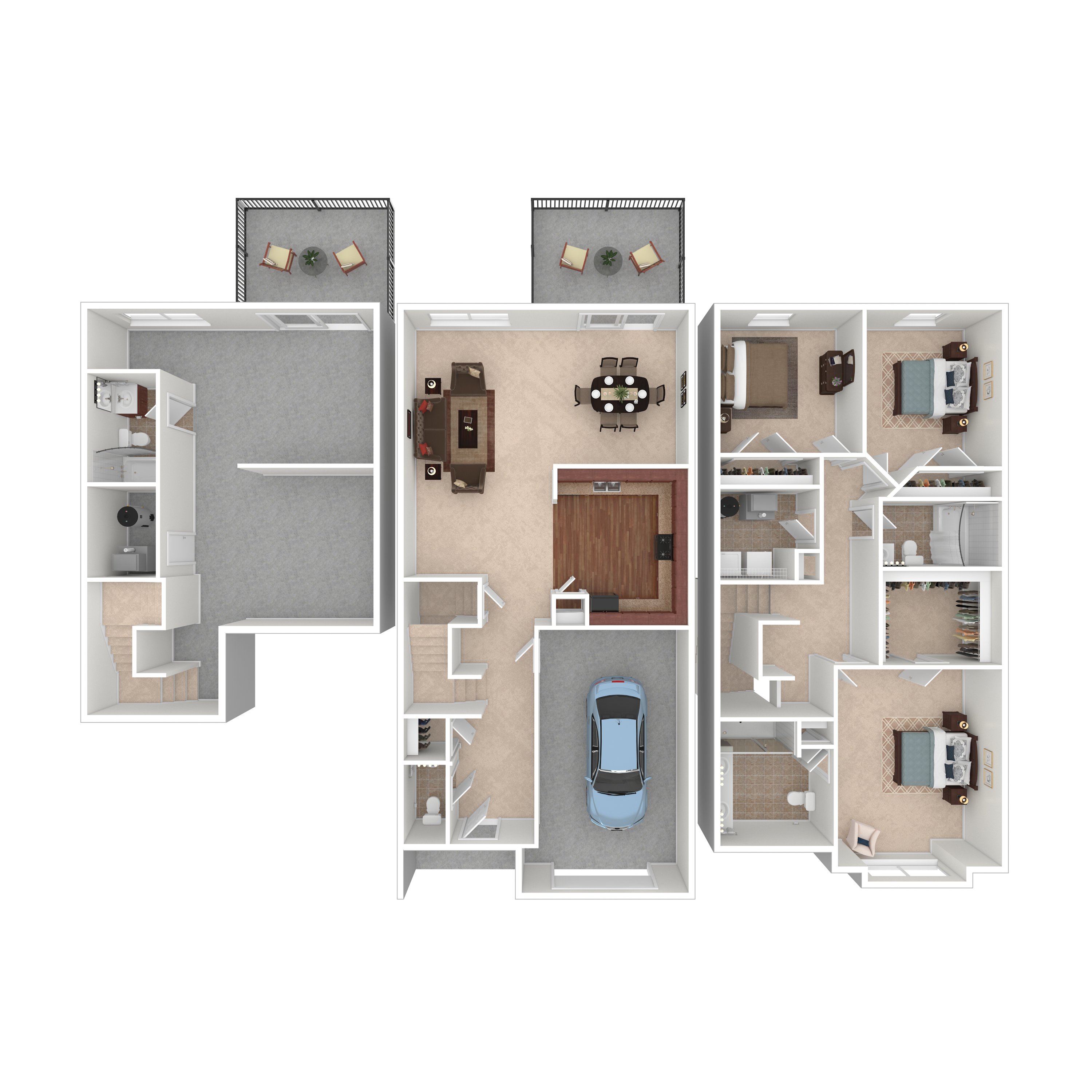A top down view of a house layout with a kitchen